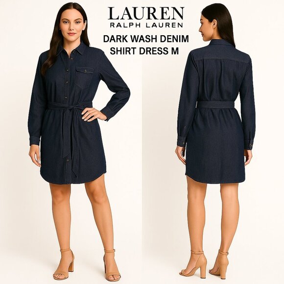 Lauren Ralph Lauren Dark Wash Denim Shirt Dress M - Picture 1 of 9